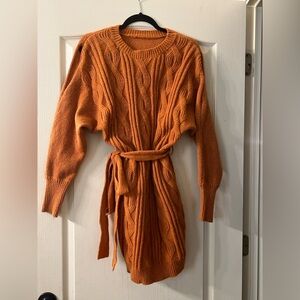 Orange Cold Shoulder Cable Knit Sweater Dress